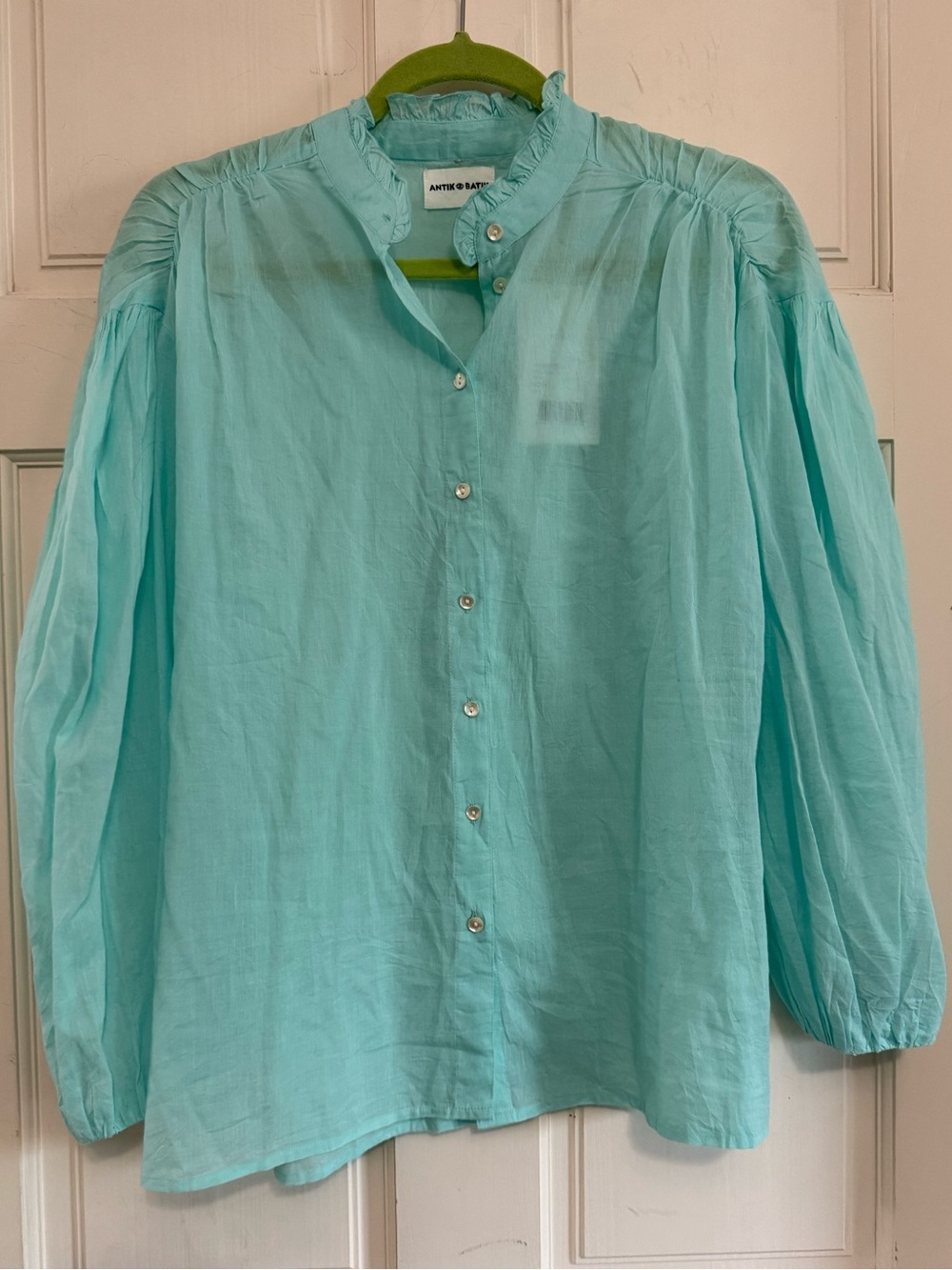 Antik Batik Anna Blouse 2 - Aqua Ruffled Collar Button Blouse